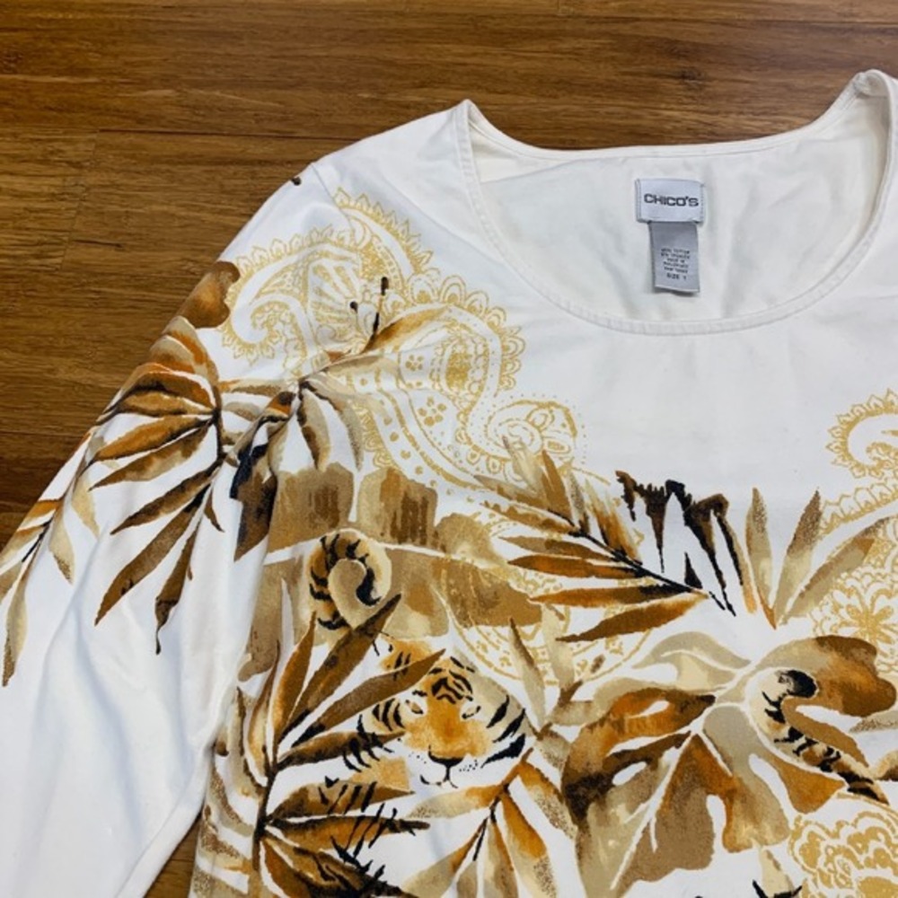 Chico's White Blouse with Gold and Brown Botanical Print - Picture 2 of 8